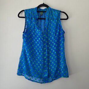 C. WONDER Silk Blend Polka Dot Blouse | Small | Split Neck Sleeveless Pleat Blue